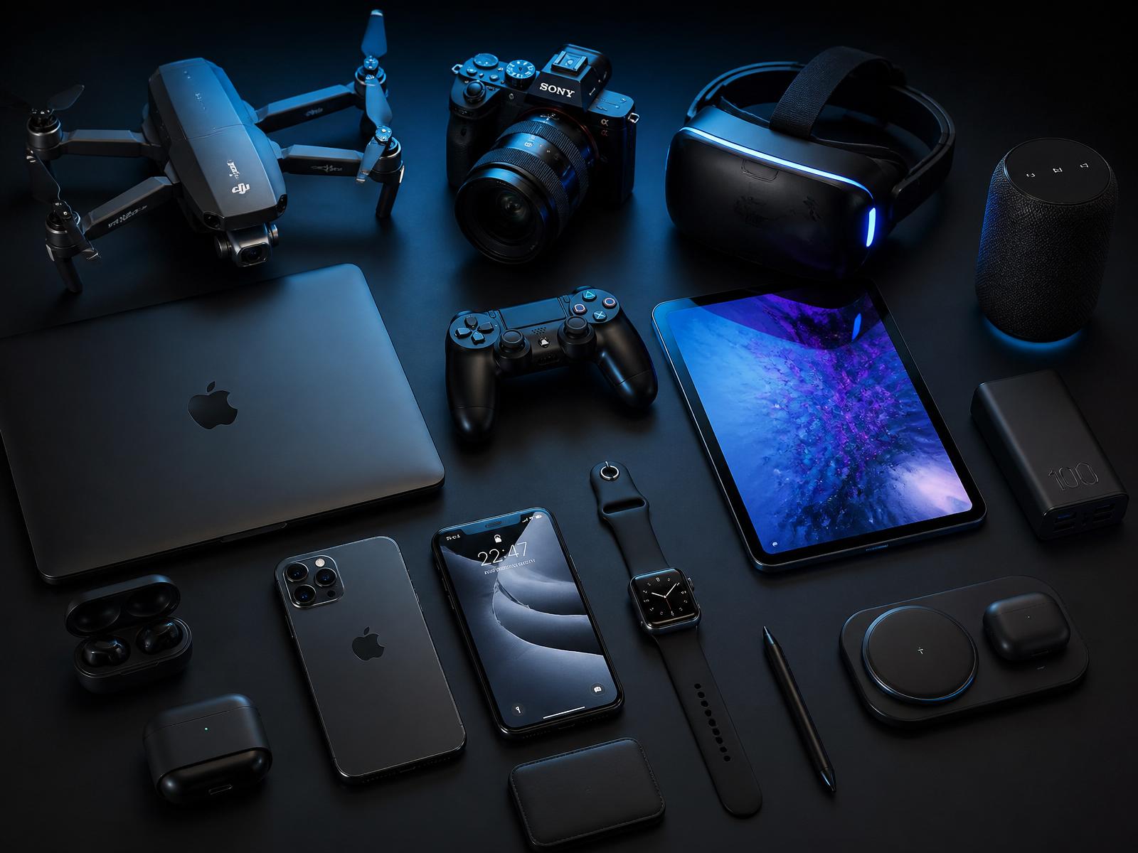 Collection of premium gadgets including phones, laptops, cameras, drone, VR headset and smartwatch